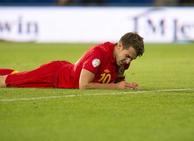 100913 -  Wales v Serbia - FIFA 2014 World Cup Qualifying Match -  Aaron Ramsey of Wales reacts after missing a good opportunity to score( c ) Huw Evans Agency
