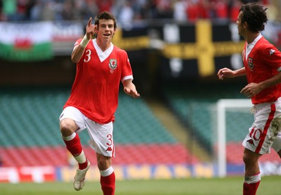 07.10.06...Wales v Slovakia, Euro 2008 Qualifying Match, Cardiff Wales' Gareth Bale celebrates his goal 