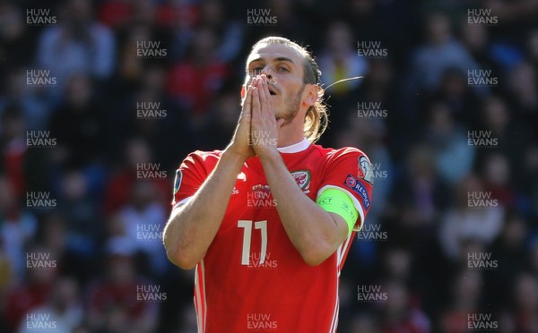 240319 - Wales v Slovakia, UEFA Euro 2020 Qualifier - Gareth Bale of Wales reacts after missing a chance at goal