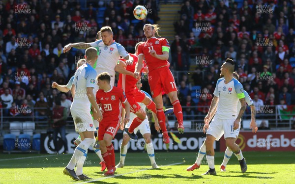 240319 - Wales v Slovakia, UEFA Euro 2020 Qualifier - Gareth Bale of Wales looks to head at goal