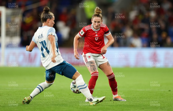 060922 - Wales v Slovenia, FIFA Women's World Cup 2023 Qualifier - Rachel Rowe of Wales takes on Spela Kolbl of Slovenia
