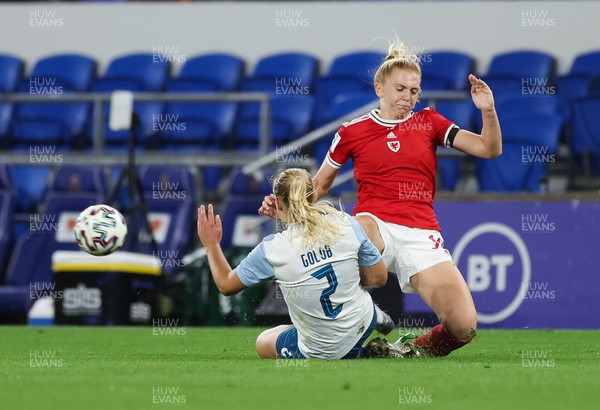 060922 - Wales v Slovenia, FIFA Women's World Cup 2023 Qualifier - Ceri Holland of Wales and Lana Golob of Slovenia collide