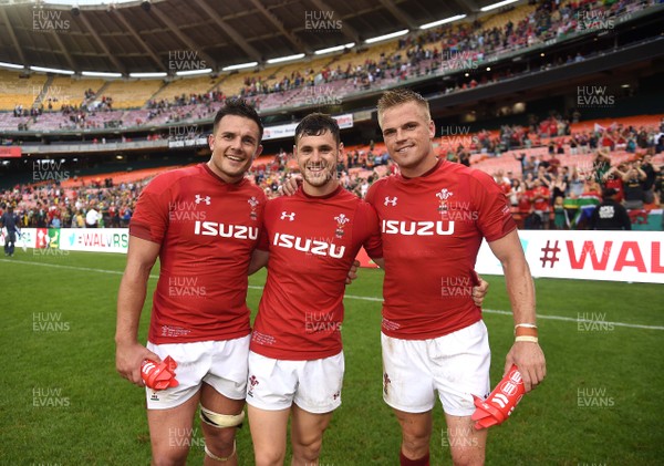 020618 - Wales v South Africa - International Rugby - Ellis Jenkins, Tomos Williams and Gareth Anscombe of Wales celebrate win