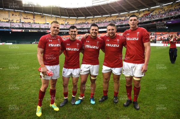 020618 - Wales v South Africa - International Rugby - Gareth Anscombe, Tomos Williams, Ellis Jenkins, Dillon Lewis and Seb Davies of Wales celebrate win