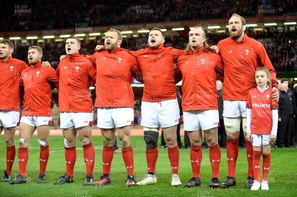 021217 - Wales v South Africa - Under Armour Series - Leigh Halfpenny, Scott Williams, Scott Andrews, Rob Evans, Kristian Dacey, Alun Wyn Jones and Mascot during the anthems