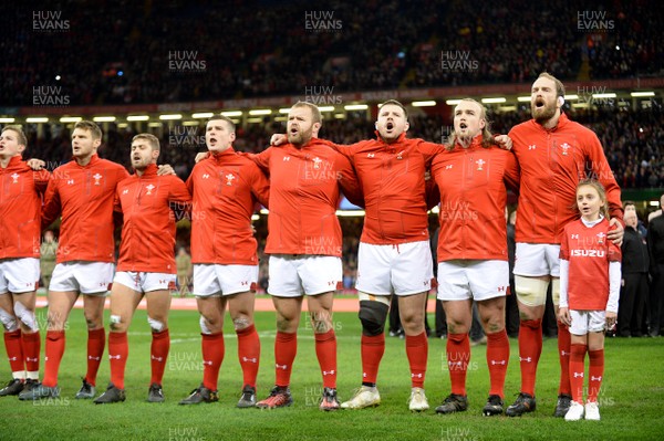 021217 - Wales v South Africa - Under Armour Series - Leigh Halfpenny, Scott Williams, Scott Andrews, Rob Evans, Kristian Dacey, Alun Wyn Jones and Mascot during the anthems