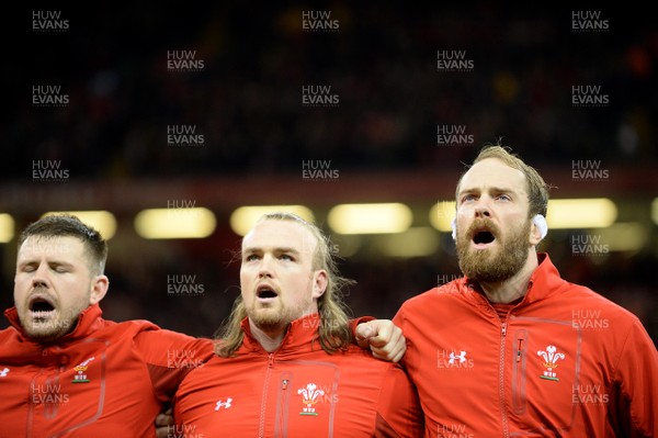 021217 - Wales v South Africa - Under Armour Series - Rob Evans, Kristian Dacey and Alun Wyn Jones during the anthems