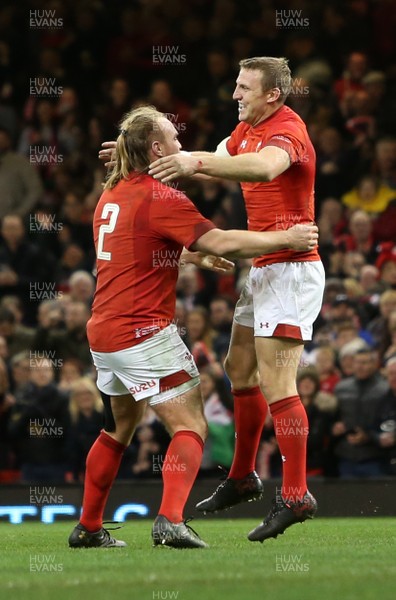 021217 - Wales v South Africa - Under Armour Series 2017 - Hadleigh Parkes celebrates scoring a try with Kristian Dacey of Wales