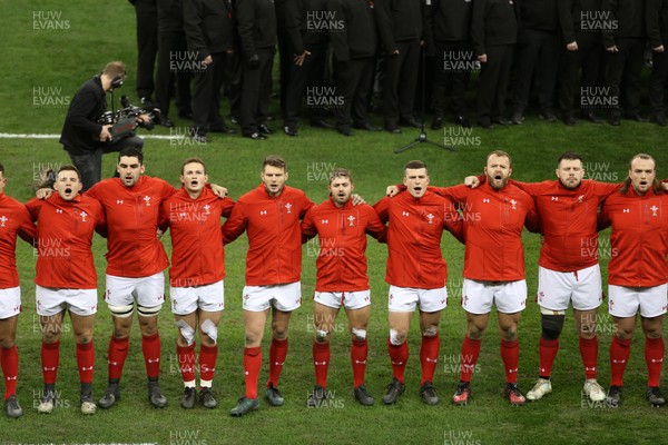021217 - Wales v South Africa - Under Armour Series 2017 - Elliot Dee, Cory Hill, Hallam Amos, Dan Biggar, Leigh Halfpenny, Scott Williams, Scott Andrews, Rob Evans, Kristian Dacey of Wales sing the anthem