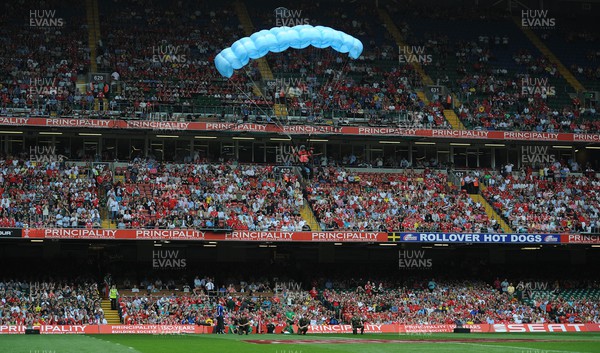 050610 - Wales v South Africa - Principality Building Society Summer Test - Parachutists jump from the Millennium Stadium roof to the pitch to deliver the match ball