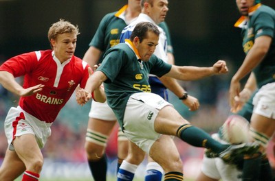 6-11-04. Wales v South Africa. Autumn International.  Wales' Dwayne Peel hassles Fourie De Preez as he struggles to get ball away.  
