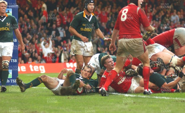 06.11.04 Wales v S.Africa,Cardiff  Wales Dwayne Peel(on floor) celebrates his try  Huw Evans,Cardiff