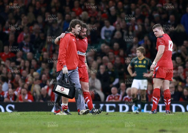 091113 - Wales v South Africa - Dove Men+Care Series - Wales' Adam Jones leaves the field injured