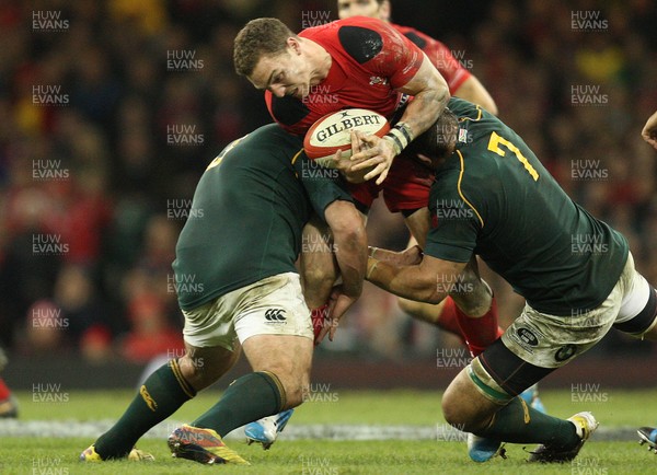 091113 - Wales v South Africa, Dove Mens Autumn Series - Wales' George North is tackled by South Africa's Frans Malherbe and South Africa's Willem Alberts