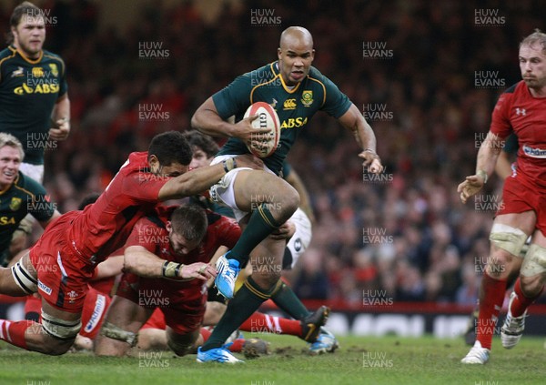 091113 - Wales v South Africa - Dove Men+Care Series - South JP Pietersen powers through Wales' Toby Faletau and Dan Lydiate