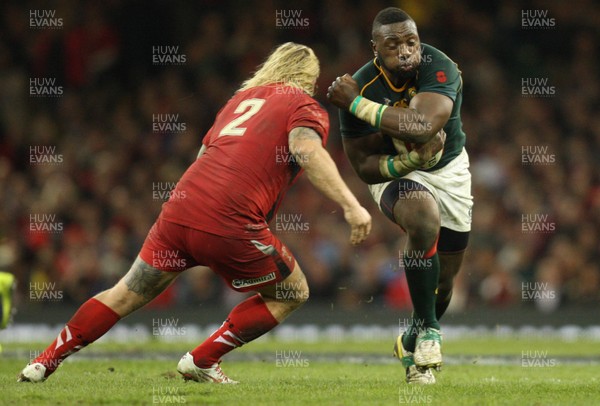 091113 - Wales v South Africa, Dove Mens Autumn Series - South Africa's Tendai Mtawarira takes on Wales' Richard Hibbard