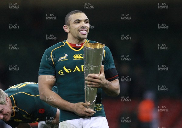 091113 - Wales v South Africa - Dove Men+Care Series - South Africa's Bryan Habana celebrates after the game