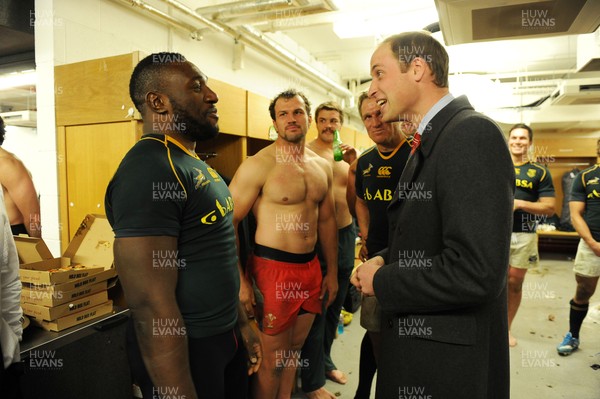 091113  - Wales v South Africa - 2013 Dove Men Series - Prince William talks to Tendai Mtawarira of South Africa after the game in the changing room