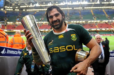 13.11.10 - Wales v South Africa - Invesco Perpetual Series 2010 - Victor Matfield of South Africa celebrates with the Prince William cup at the end of the game. 