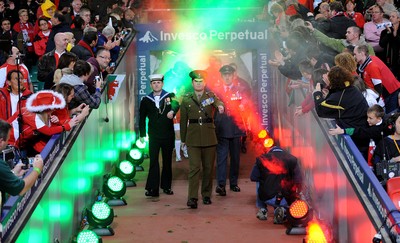 13.11.10 - Wales v South Africa - Invesco Perpetual Series 2010 - Members of the armed forces lead the teams out. 