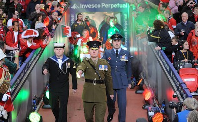 13.11.10 - Wales v South Africa - Invesco Perpetual Series 2010 - Members of the armed forces lead the teams out. 