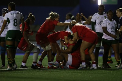 180926 - Wales Women v South Africa Women - Vodafone Wales WXV Series - Sisilia Tuipulotu of Wales scores a try