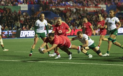 180926 Wales v South Africa, Vodafone Wales WXV Series - Sisilia Tuipulotu of Wales powers over to score try