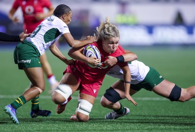 180926 Wales v South Africa, Vodafone Wales WXV Series - Alex Callender of Wales is tackled by Catha Jacobs of South Africa