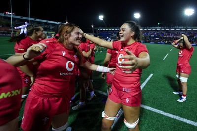 180926 Wales v South Africa, Vodafone Wales WXV Series - Georgia Evans of Wales and Jorja Aiono of Wales at the end of the match