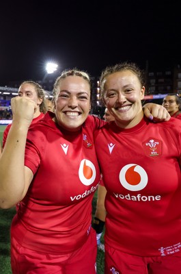 180926 Wales v South Africa, Vodafone Wales WXV Series - Kelsey Jones of Wales and Lleucu George of Wales at the end of the match