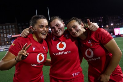 180926 Wales v South Africa, Vodafone Wales WXV Series - Jorja Aiono of Wales, Gwenllian Pyrs of Wales and Branwen Metcalfe of Wales at the end of the match