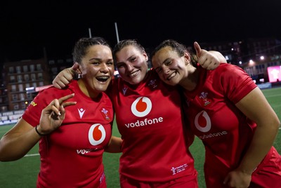 180926 Wales v South Africa, Vodafone Wales WXV Series - Jorja Aiono of Wales, Gwenllian Pyrs of Wales and Branwen Metcalfe of Wales at the end of the match