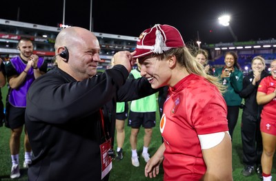 180926 Wales v South Africa, Vodafone Wales WXV Series - Sean Lynn, Wales head coach presents Amy Williams of Wales with her First Cap at the end of the match with 