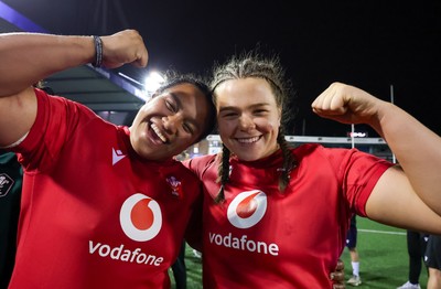 180926 Wales v South Africa, Vodafone Wales WXV Series - Sisilia Tuipulotu of Wales and Maisie Davies of Wales at the end of the match