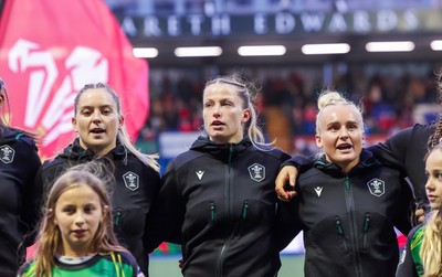 190926 Wales v South Africa, Vodafone Wales WXV Series - Freya Bell of Wales, Amy Williams of Wales and Seren Singleton of Wales of Wales during the anthems