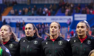 190926 Wales v South Africa, Vodafone Wales WXV Series - Elan Jones of Wales, Courtney Keight of Wales, Lisa Neumann of Wales and Bryonie King of Wales during the anthems
