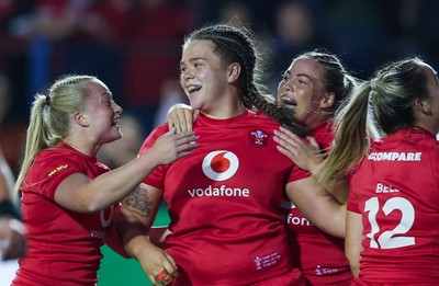 190926 Wales v South Africa, Vodafone Wales WXV Series - Maisie Davies of Wales celebrates after scoring try