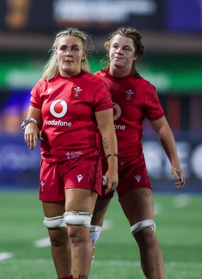 190926 Wales v South Africa, Vodafone Wales WXV Series - Wales co-captains Alex Callender and Kate Williams wait during a referee and TMO decision 