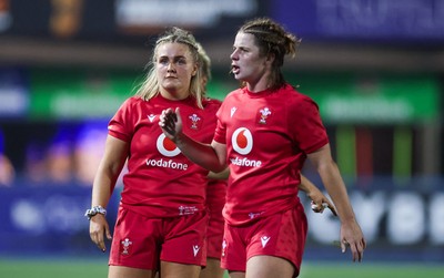 190926 Wales v South Africa, Vodafone Wales WXV Series - Wales co-captains Alex Callender and Kate Williams wait during a referee and TMO decision 
