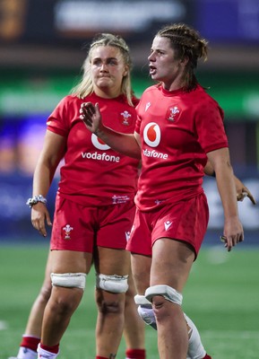190926 Wales v South Africa, Vodafone Wales WXV Series - Wales co-captains Alex Callender and Kate Williams wait during a referee and TMO decision 