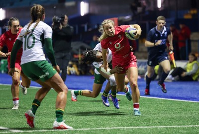 190926 Wales v South Africa, Vodafone Wales WXV Series - Amy Williams of Wales is tackled just short of the line