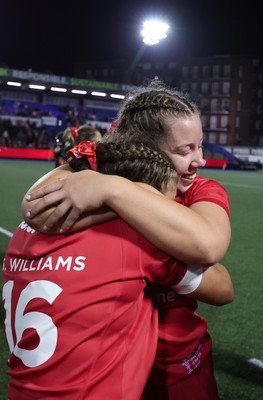 190926 Wales v South Africa, Vodafone Wales WXV Series - Shanelle Williams of Wales and Elan Jones of Wales at the end of the match