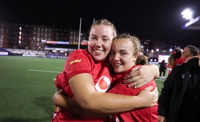 190926 Wales v South Africa, Vodafone Wales WXV Series - Elan Jones of Wales and Shanelle Williams of Wales celebrates at the end of the match