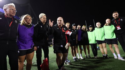 190926 Wales v South Africa, Vodafone Wales WXV Series - Sean Lynn, Wales head coach speaks to the players at the end of the match