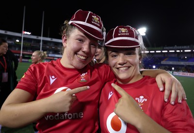 190926 Wales v South Africa, Vodafone Wales WXV Series - Elan Jones of Wales and Shanelle Williams of Wales with their first caps at the end of the match