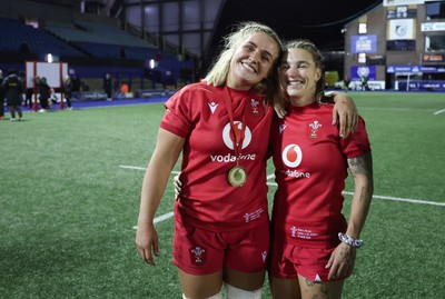 190926 Wales v South Africa, Vodafone Wales WXV Series - Alex Callender of Wales and Keira Bevan of Wales  at the end of the match