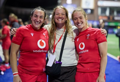 190926 Wales v South Africa, Vodafone Wales WXV Series - Courtney Keight of Wales, Carys Cox and Lisa Neumann of Wales at the end of the match