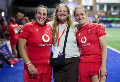 190926 Wales v South Africa, Vodafone Wales WXV Series - Courtney Keight of Wales, Carys Cox and Lisa Neumann of Wales at the end of the match