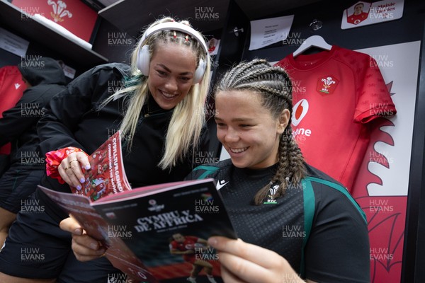 180926 Wales v South Africa, Vodafone Wales WXV Series -Kelsey Jones of Wales and Maisie Davies of Wales in the changing room ahead of the match
