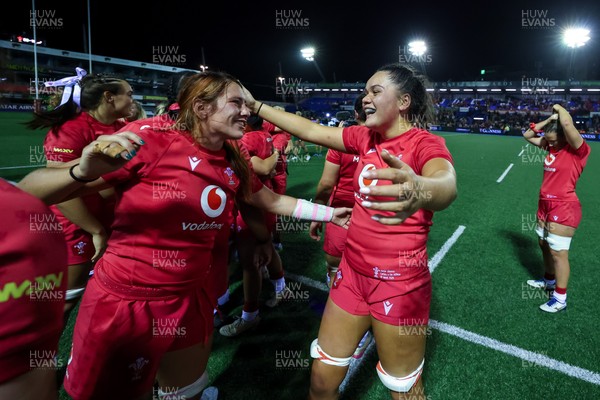 180926 Wales v South Africa, Vodafone Wales WXV Series - Georgia Evans of Wales and Jorja Aiono of Wales at the end of the match